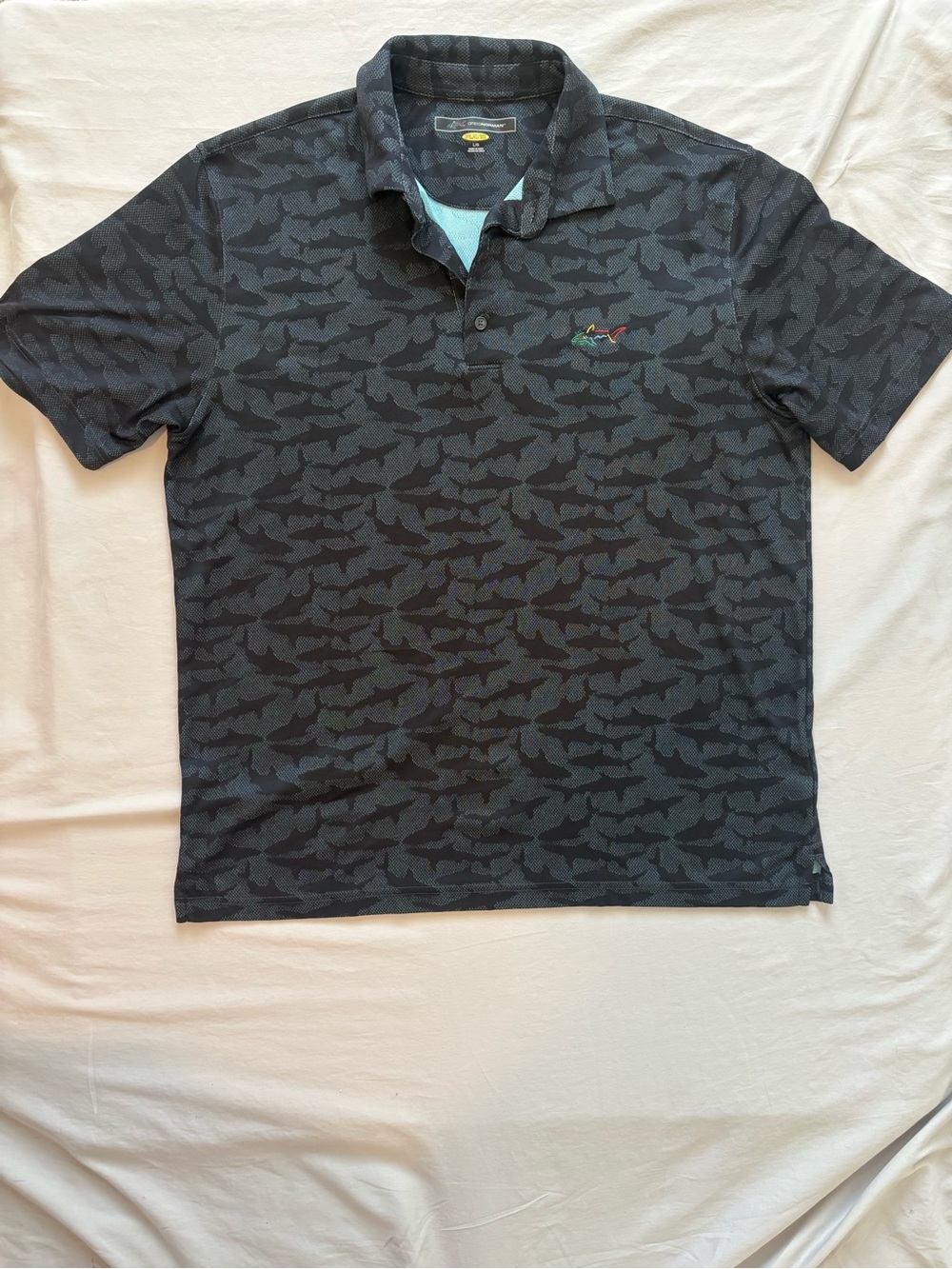 Greg Norman Play Dry Golf Polo Men’s L Black Gray Camo Shark Logo